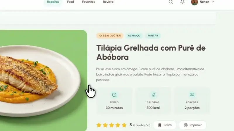Página da receita na Plataforma Cady: tempo de preparo, calorias e porções